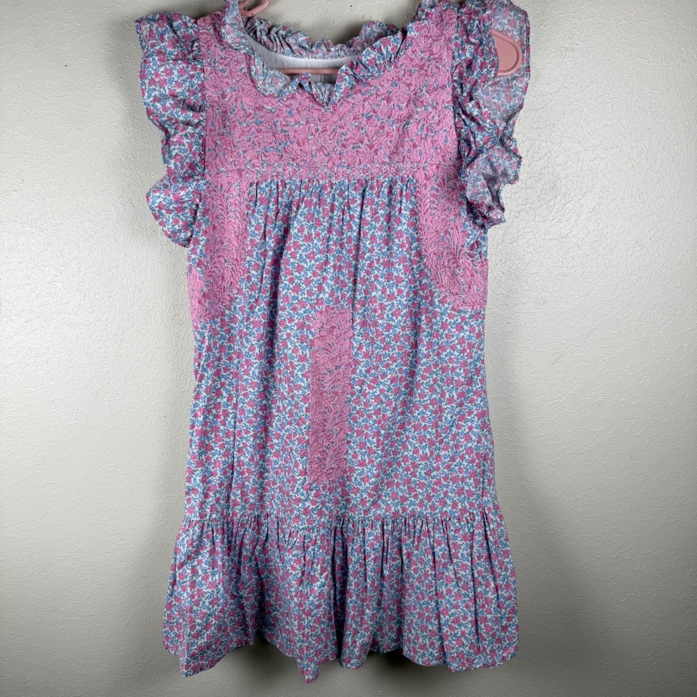 J. Marie Pink Blue‎ Floral Embroidered Ruffle Flutter Sleeve Mini Dress XS